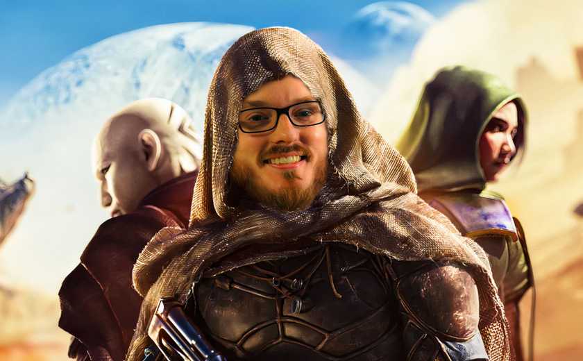 Dune Awakening producer scott junior wearing a dune inspired outfit.